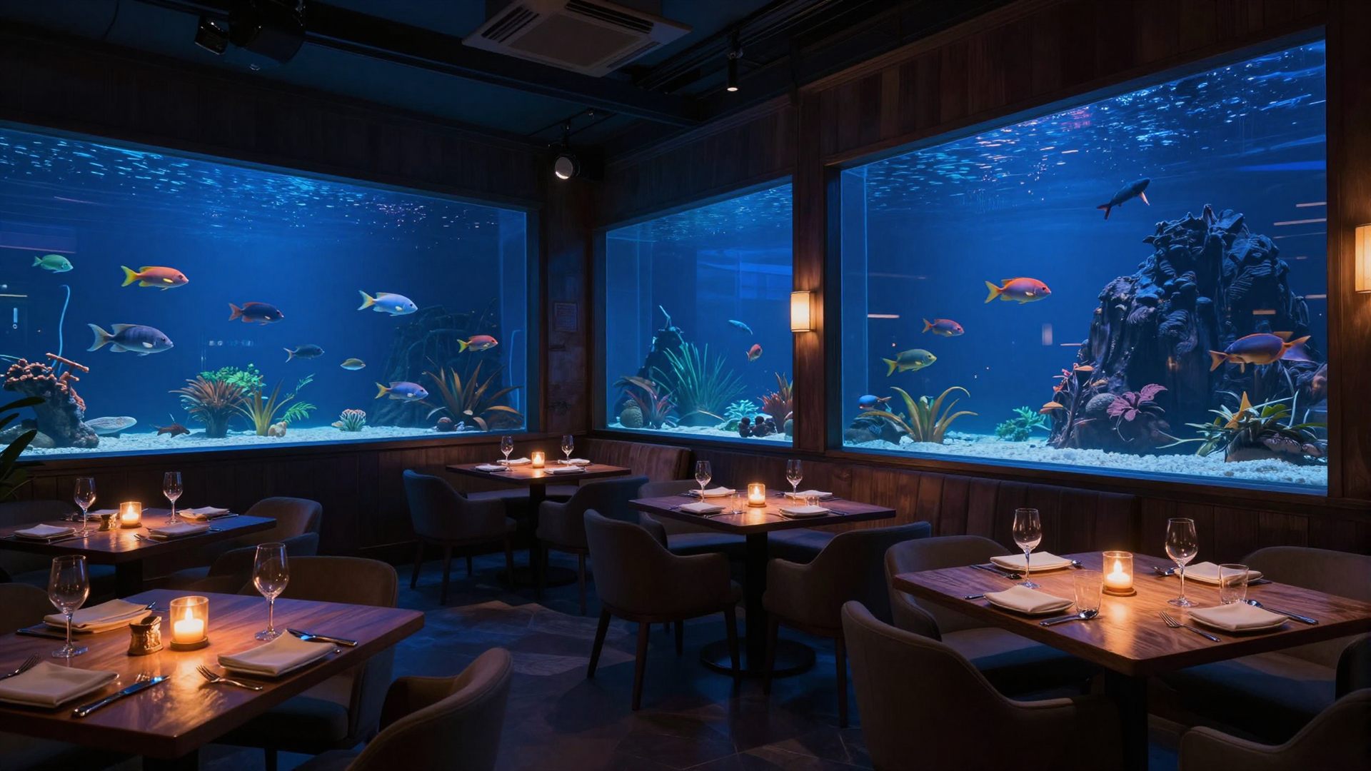 The Atlantic dining room with glowing aquarium walls